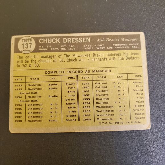 1960 Topps Chuck Dressen #213 + 1961 #137 Milwaukee Braves Manager 2 Card Lot - Picture 5 of 5